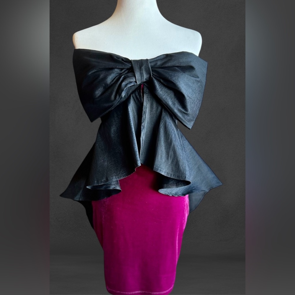 Black Satin Strapless Front Bow Velvet Mini Dress NWT